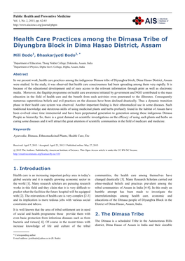 Health Care Practices Among the Dimasa Tribe of Diyungbra Block in Dima Hasao District, Assam