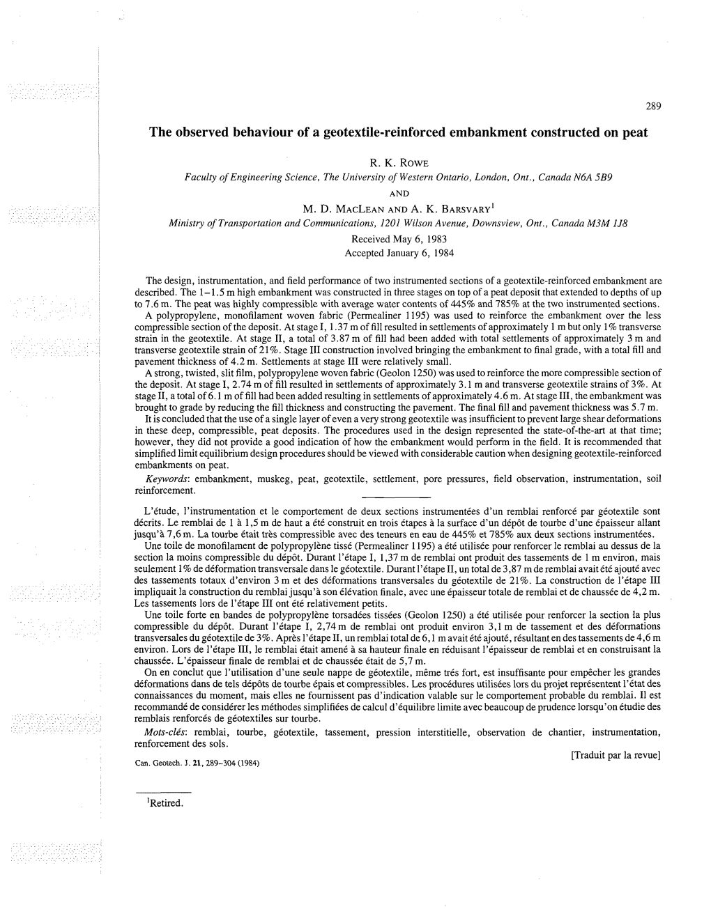 The Observed Behaviour of a Geotextile-Reinforced Embankment Constructed on Peat