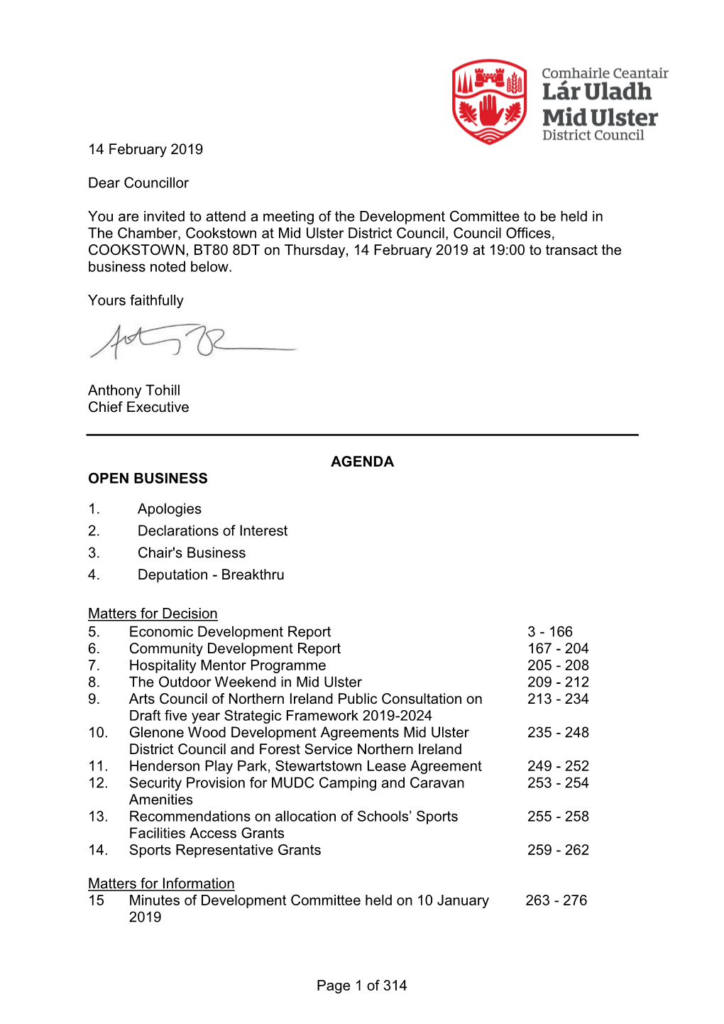 14 February 2019 Dear Councillor You Are Invited to Attend a Meeting of the Development Committee to Be Held in the Chamber