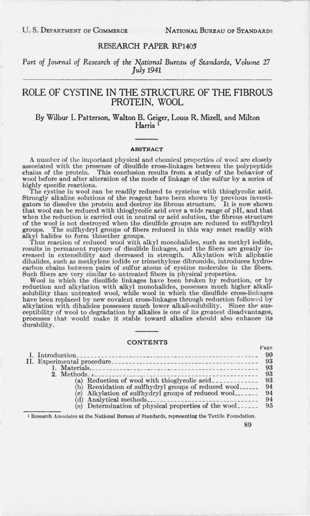 ROLE of CYSTINE in the STRUCTURE of the FIBROUS PROTEIN, WOOL by Wilbur I