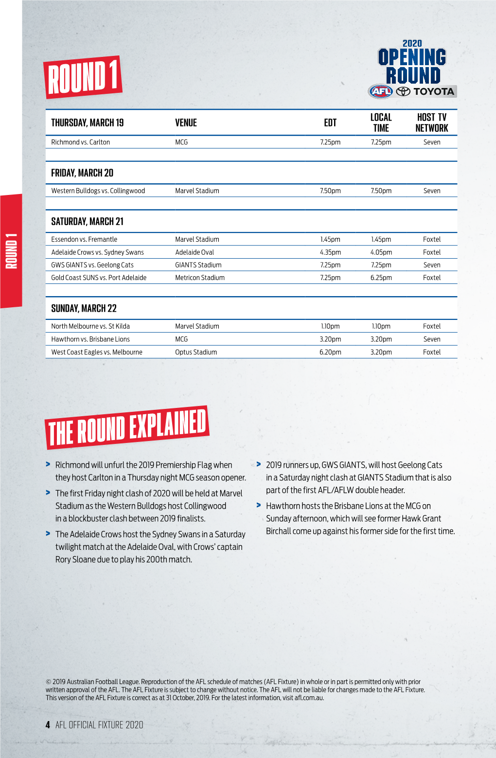 The Full 2020 Toyota Afl Premiership Season Fixture