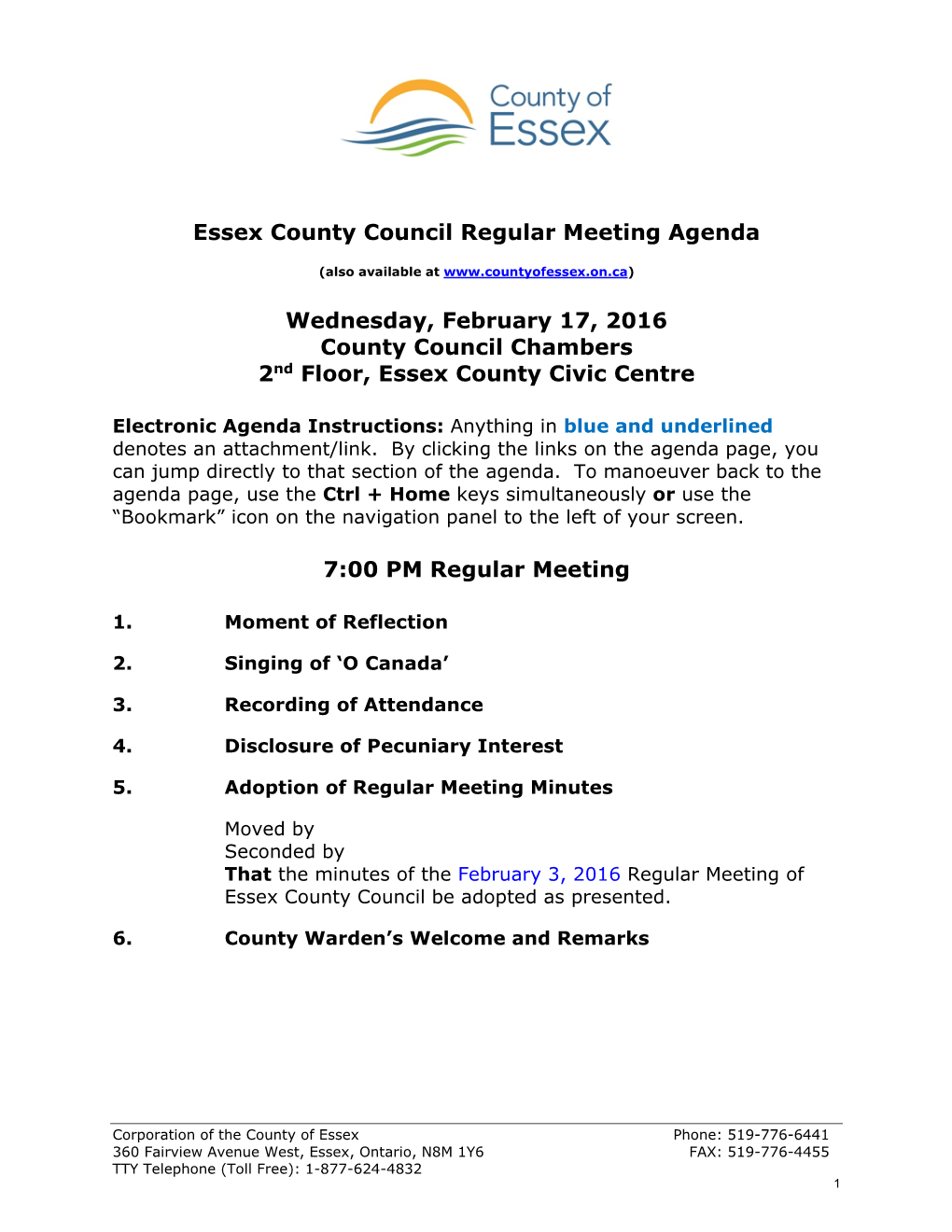 Essex County Council Agenda Regular Meeting February 17, 2016