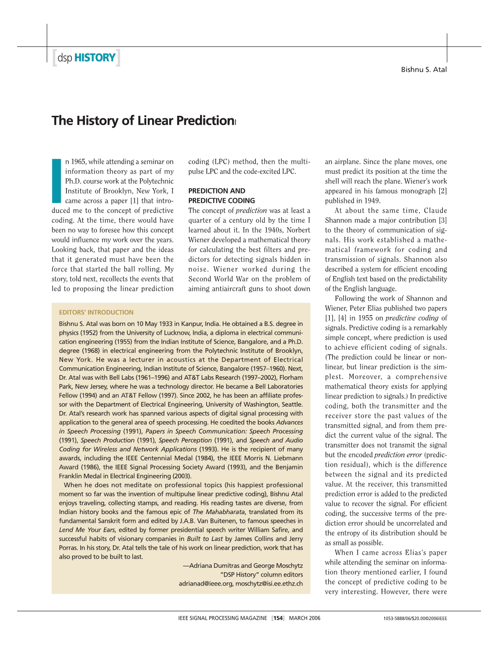 The History of Linear Prediction the History of Linear Predictionl