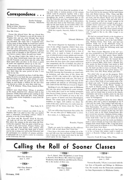 Calling the Roll of Sooner Classes -1899- - 1906- -1914- Eva E
