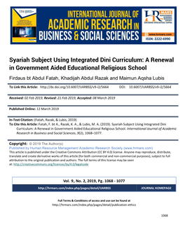 Syariah Subject Using Integrated Dini Curriculum: a Renewal in Government Aided Educational Religious School
