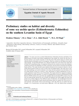 Preliminary Studies on Habitat and Diversity of Some Sea Urchin Species (Echinodermata: Echinoidea) on the Southern Levantine Basin of Egypt