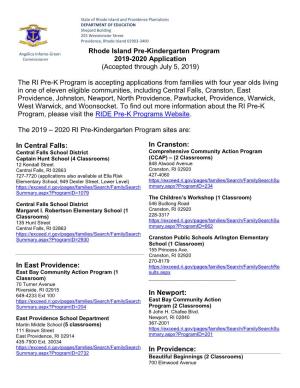 Rhode Island Pre-Kindergarten Program 2019-2020 Application (Accepted Through July 5, 2019) the RI Pre-K Program Is Accepting Ap