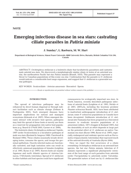 Emerging Infectious Disease in Sea Stars: Castrating Ciliate Parasites in Patiria Miniata