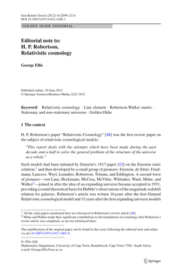 Editorial Note To: H. P. Robertson, Relativistic Cosmology