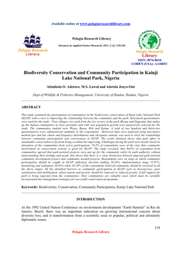 Biodiversity Conservation and Community Participation in Kainji Lake National Park, Nigeria