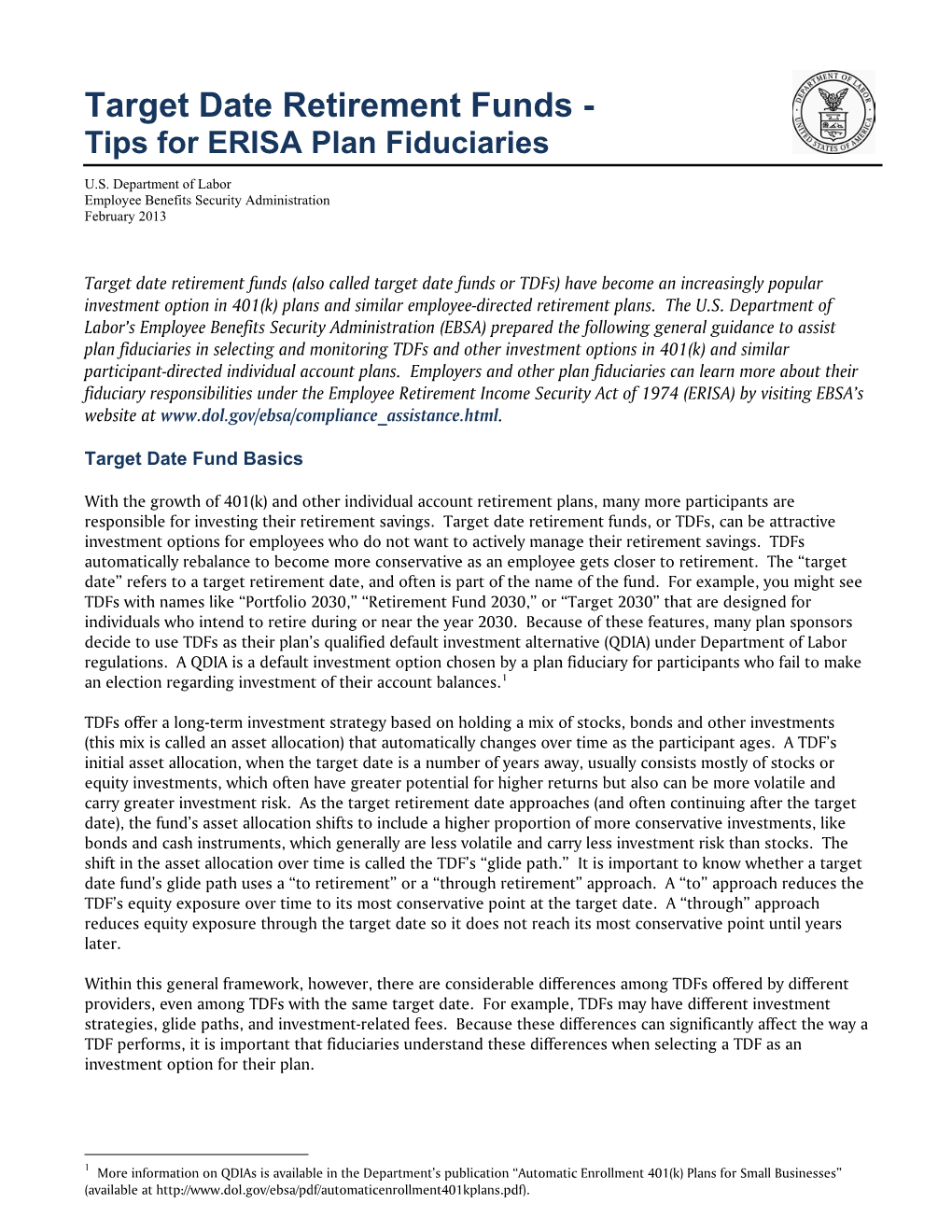 Target Date Retirement Funds - Tips for ERISA Plan Fiduciaries