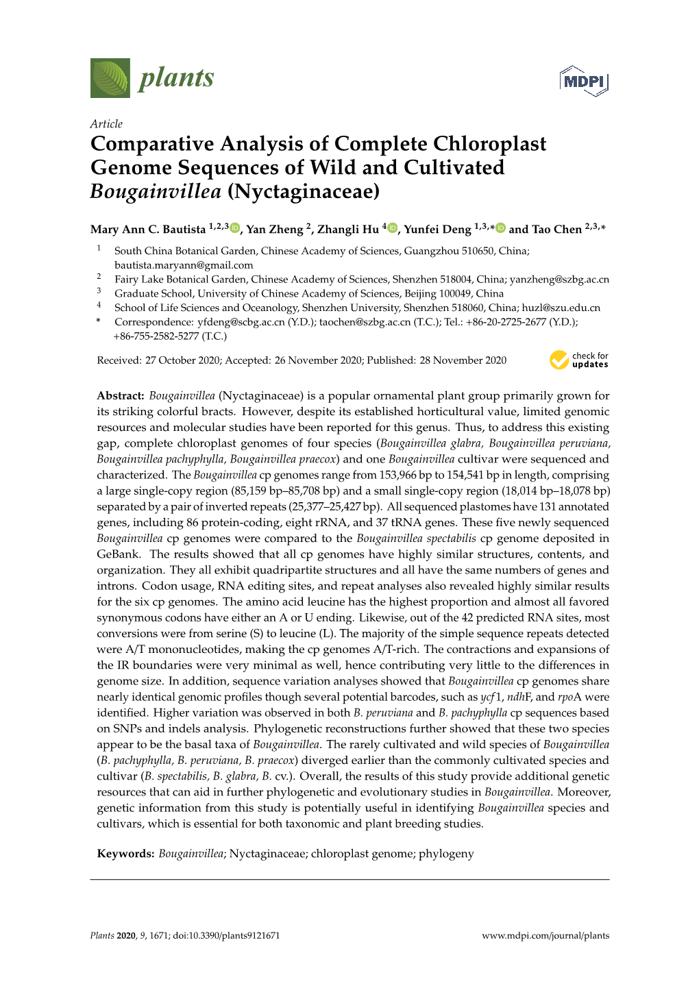 Comparative Analysis of Complete Chloroplast Genome Sequences of Wild and Cultivated Bougainvillea (Nyctaginaceae)