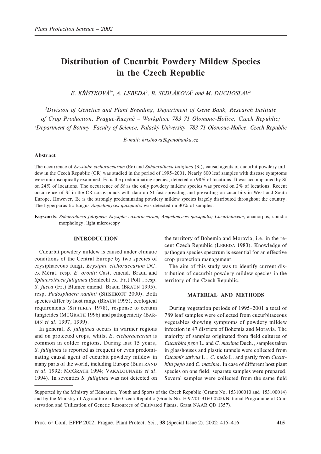 Distribution of Cucurbit Powdery Mildew Species in the Czech Republic