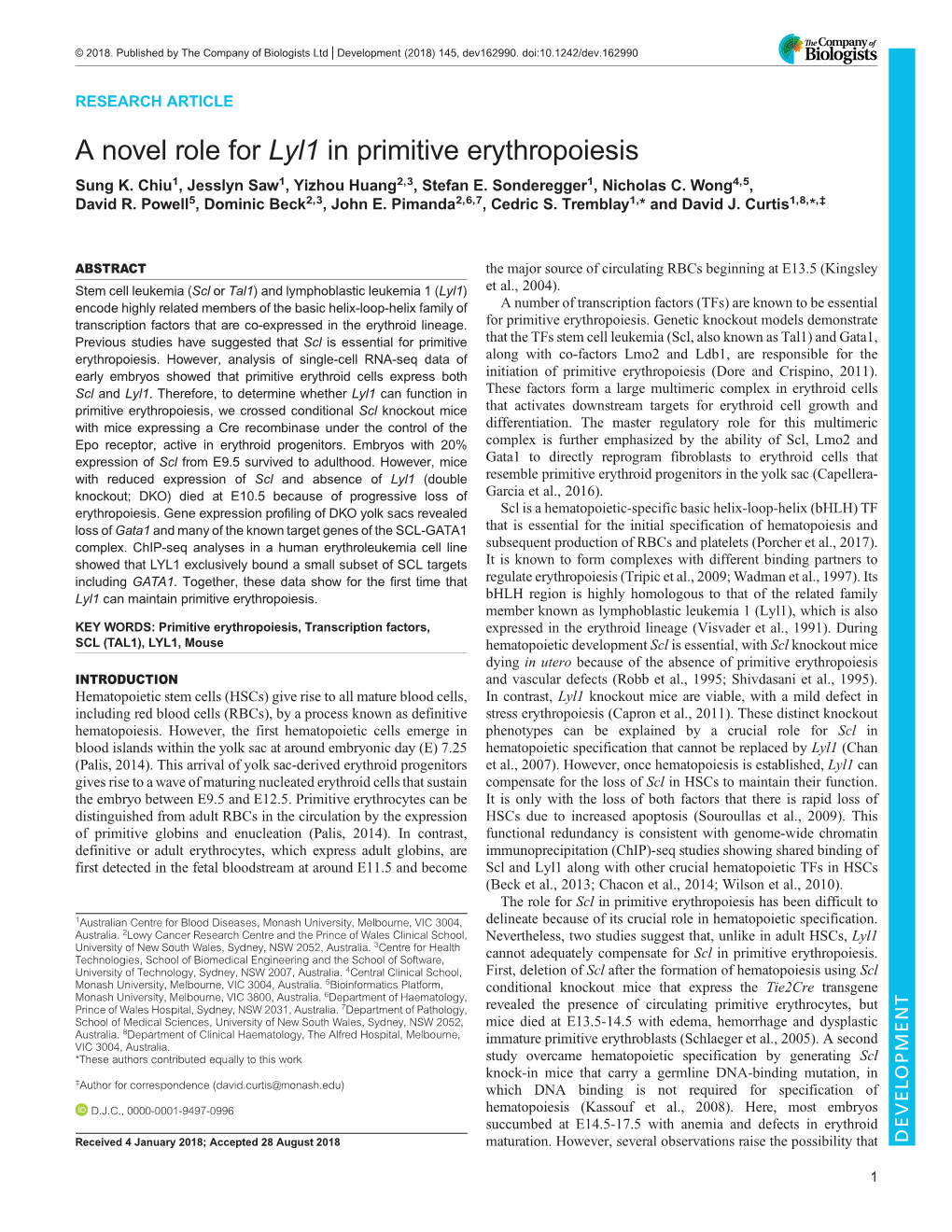 A Novel Role for Lyl1 in Primitive Erythropoiesis Sung K
