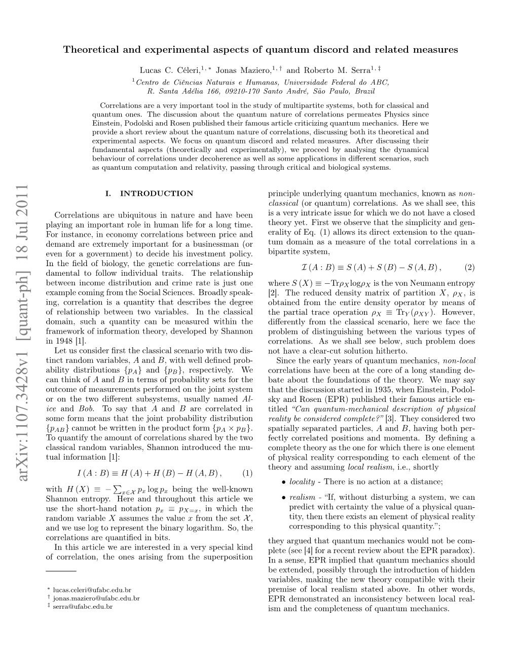 Theoretical and Experimental Aspects of Quantum Discord and Related Measures