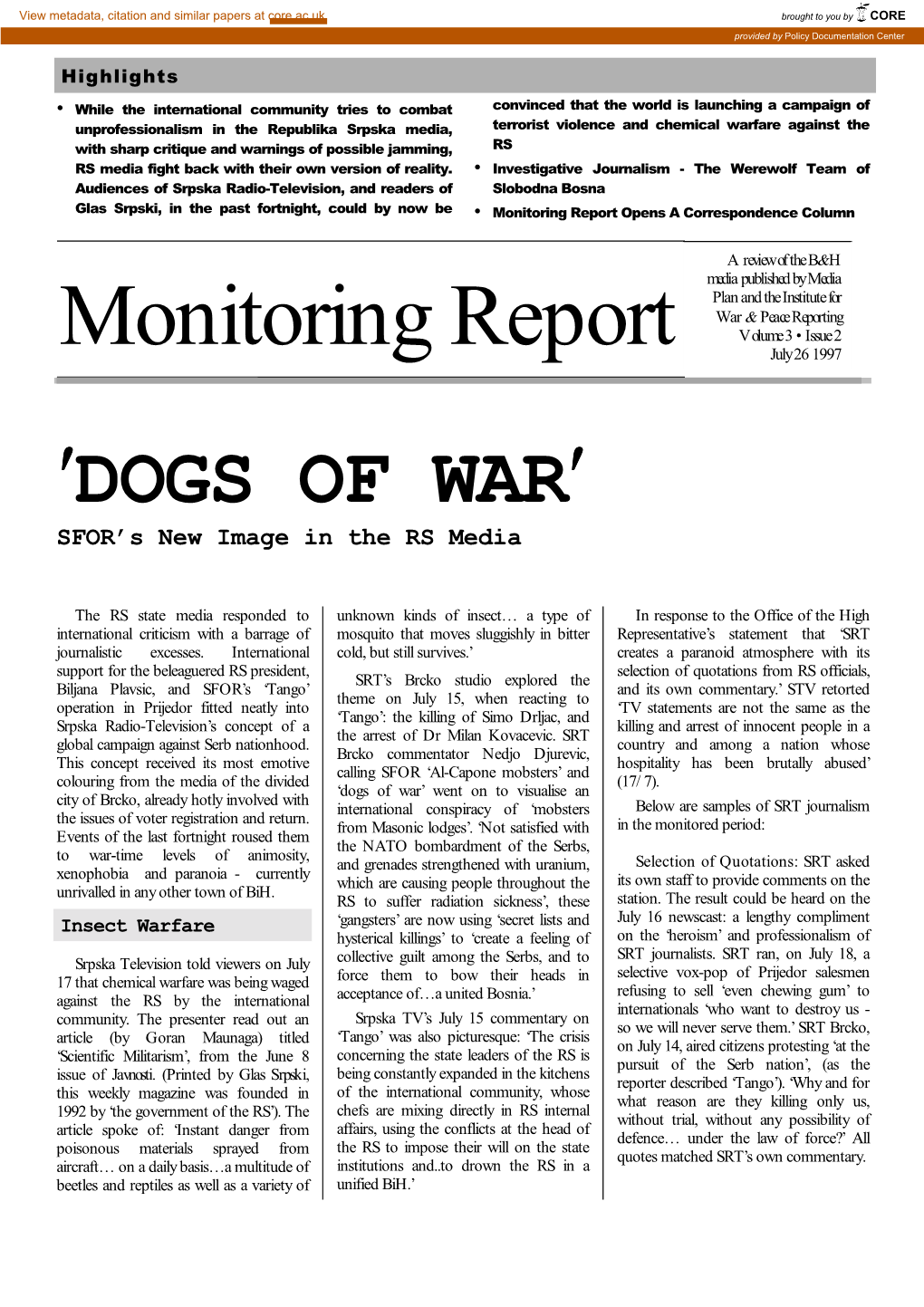 Monitoring Report Opens a Correspondence Column