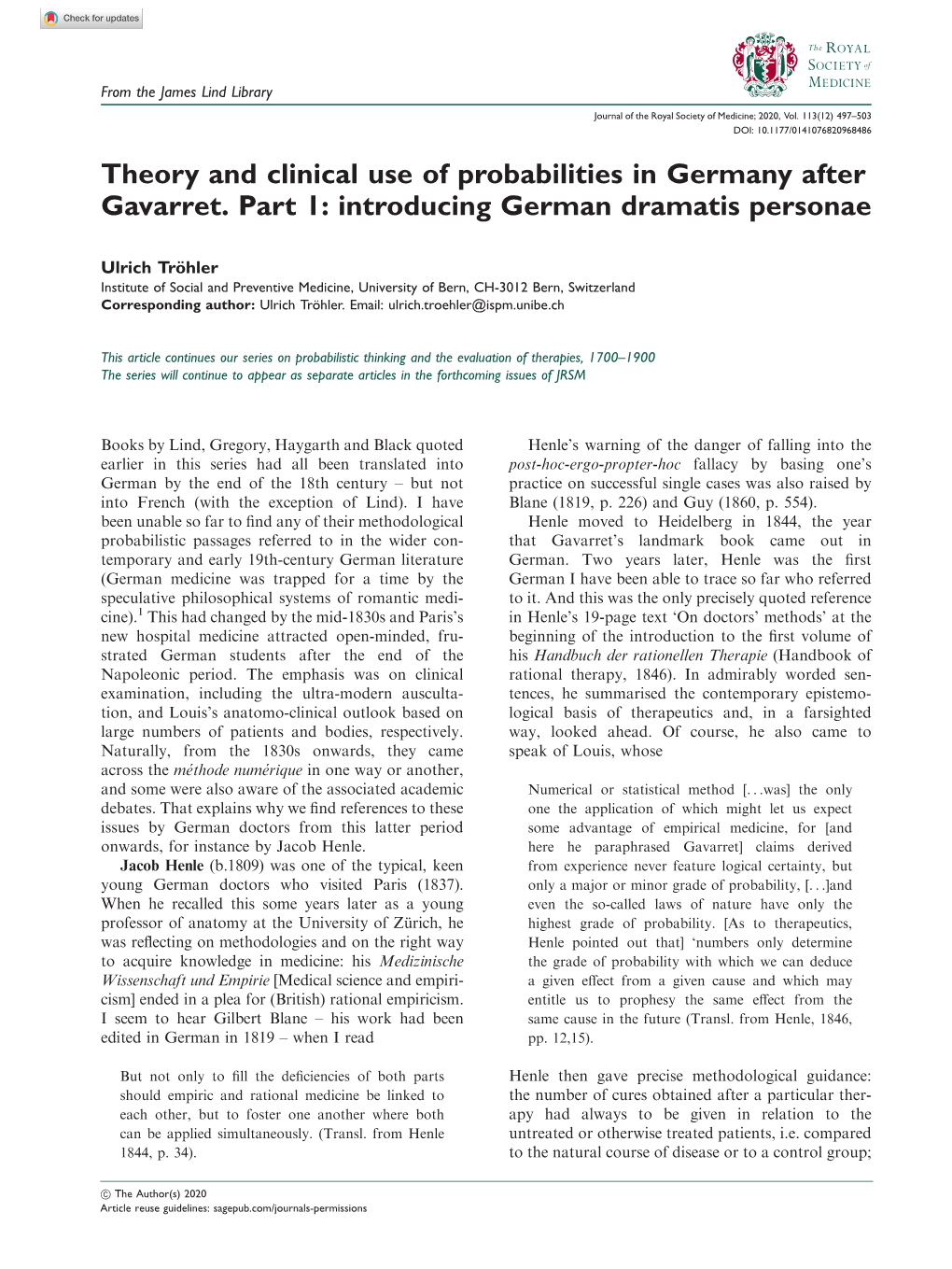 Theory and Clinical Use of Probabilities in Germany After Gavarret. Part 1: Introducing German Dramatis Personae