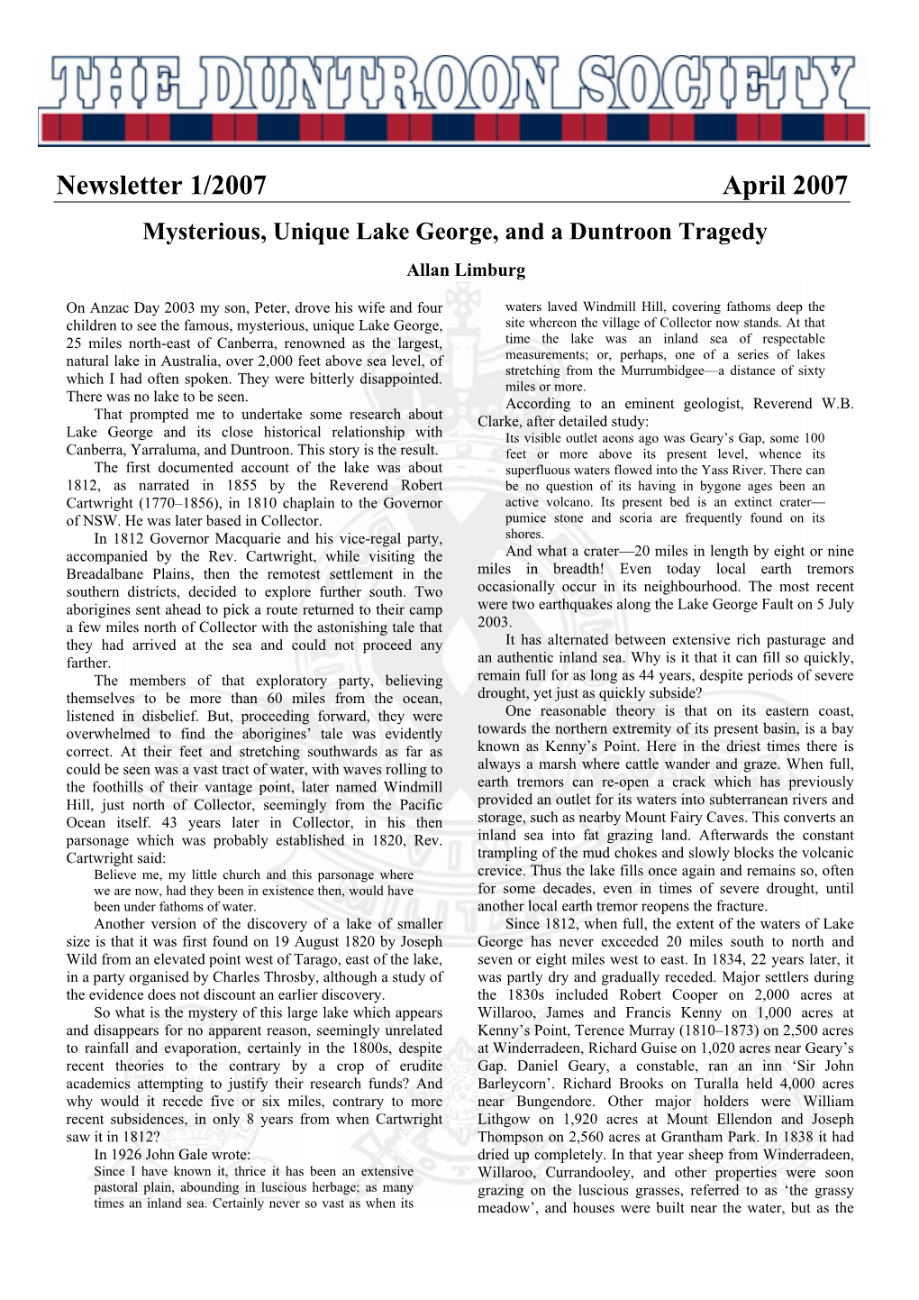 Newsletter 1/2007 April 2007 Mysterious, Unique Lake George, and a Duntroon Tragedy Allan Limburg
