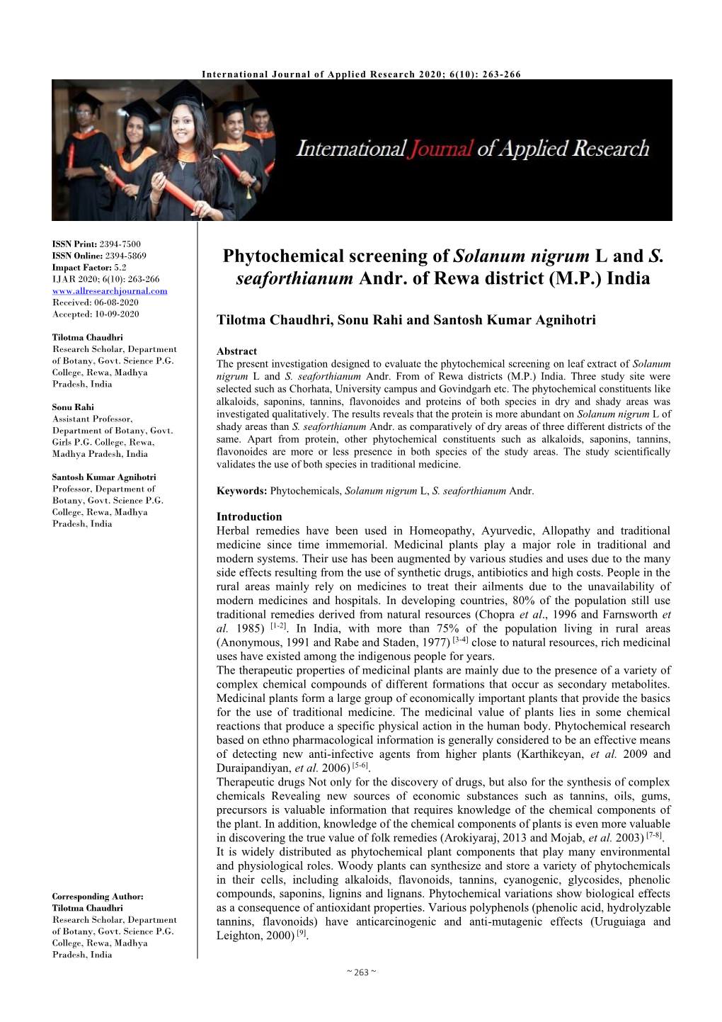 Phytochemical Screening of Solanum Nigrum L and S. Seaforthianum Andr. of Rewa District (M.P.) India