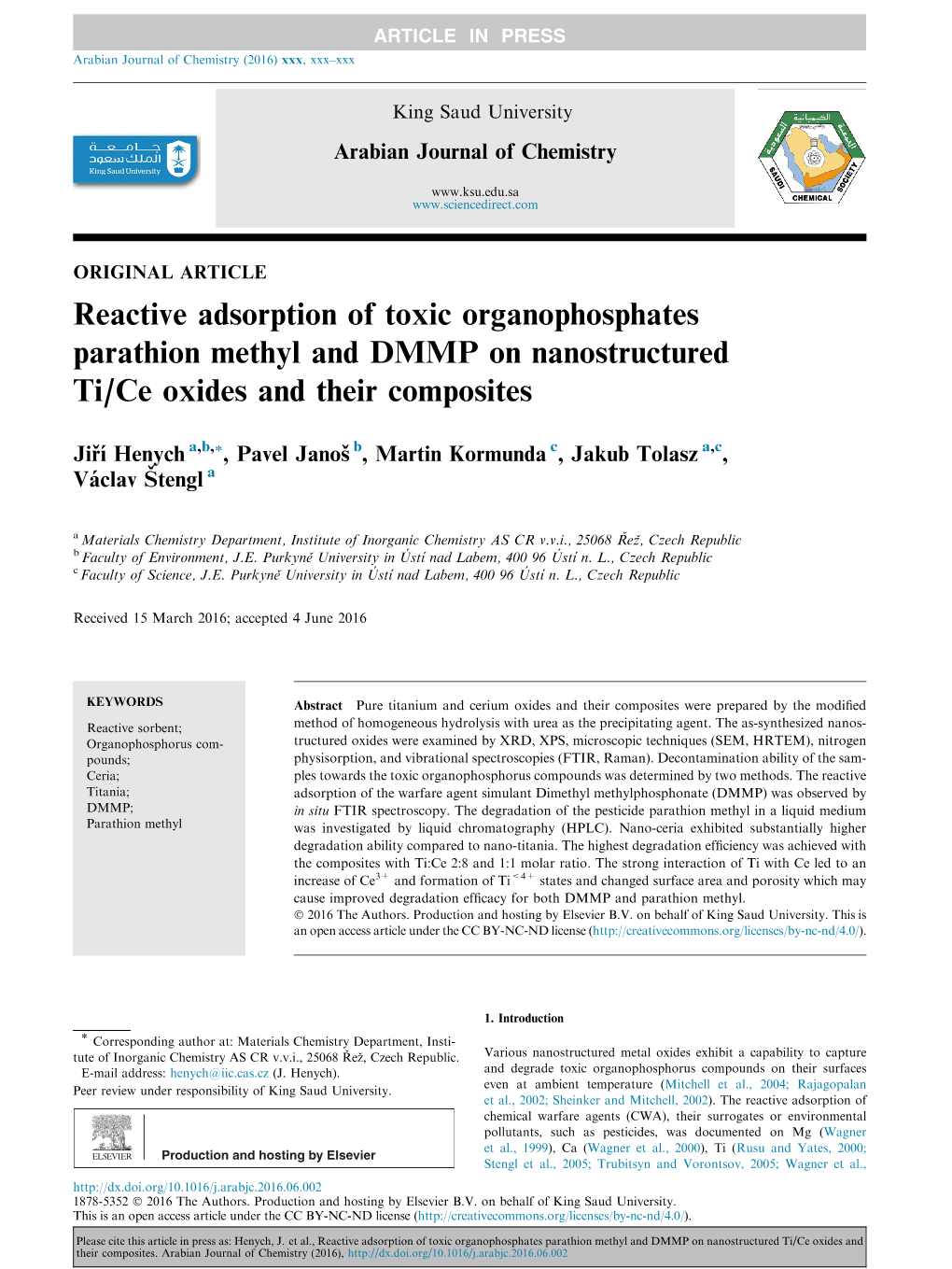 Reactive Adsorption of Toxic Organophosphates Parathion Methyl and DMMP on Nanostructured Ti/Ce Oxides and Their Composites