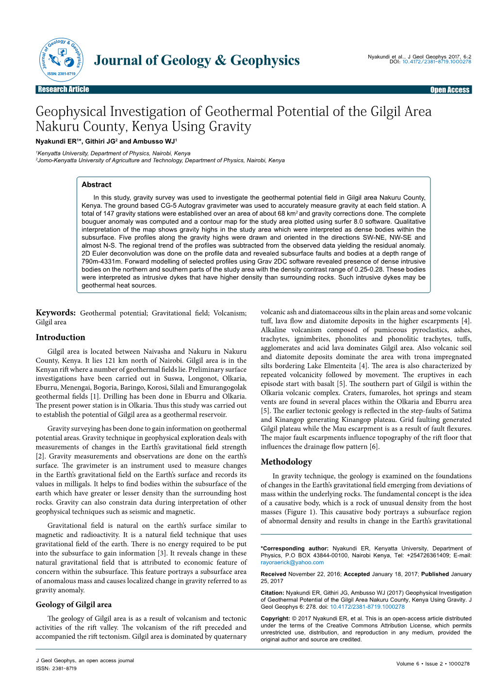 Geophysical Investigation of Geothermal Potential of the Gilgil