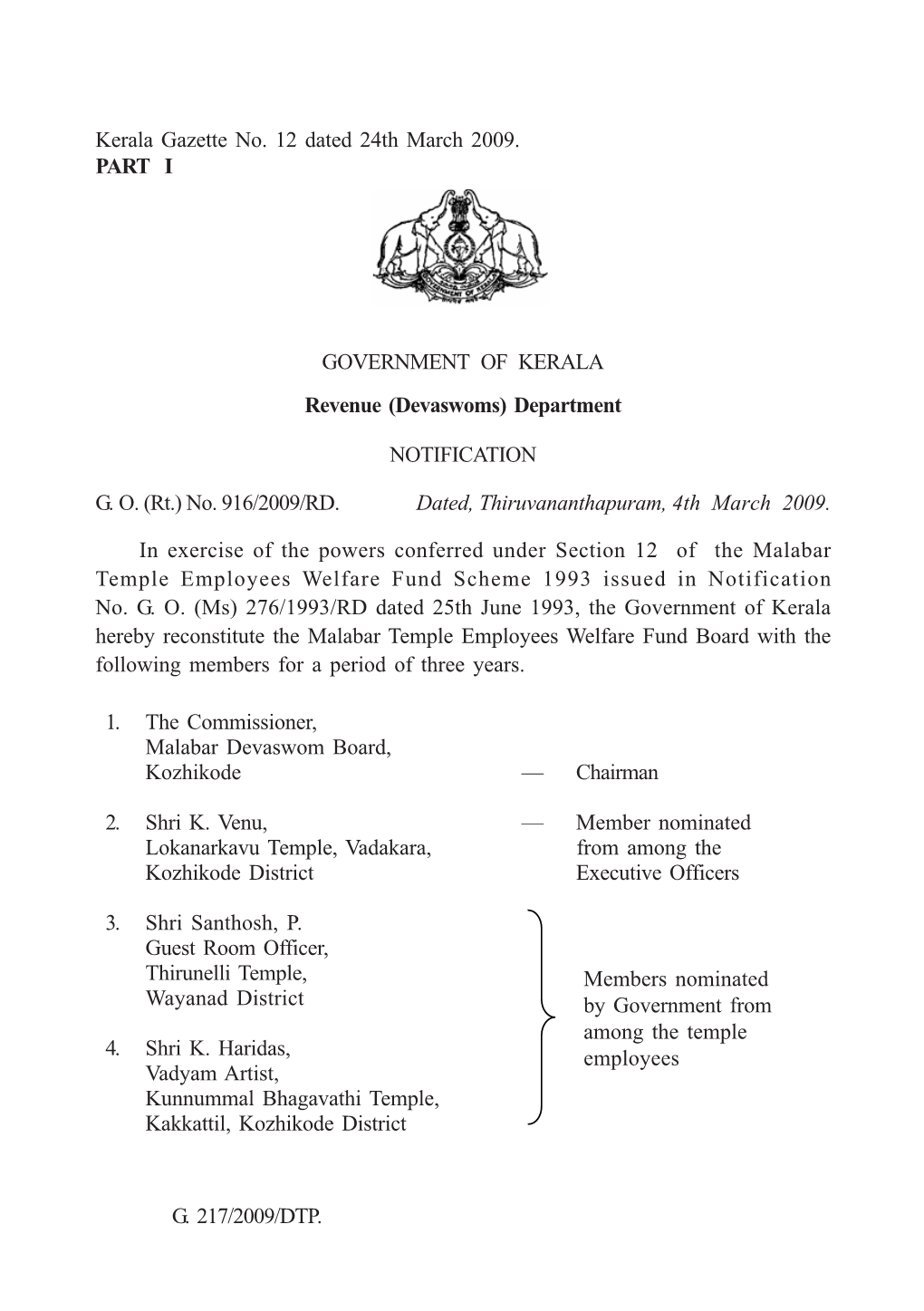GOVERNMENT of KERALA Revenue (Devaswoms) Department
