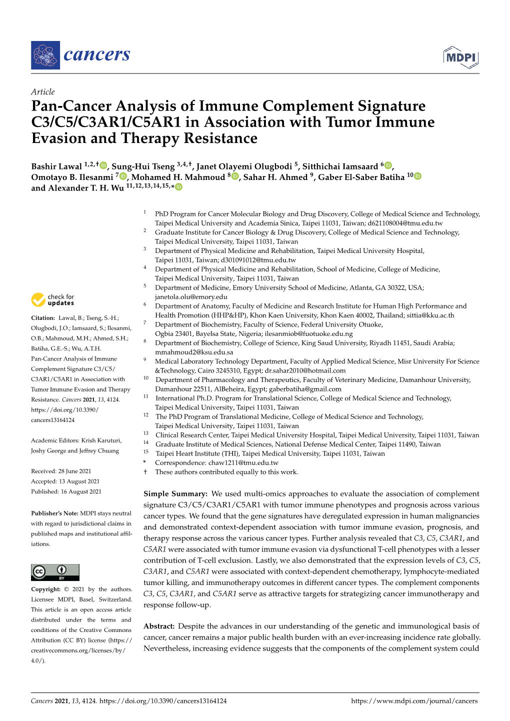 Pan-Cancer Analysis of Immune Complement Signature C3/C5/C3AR1/C5AR1 in Association with Tumor Immune Evasion and Therapy Resistance