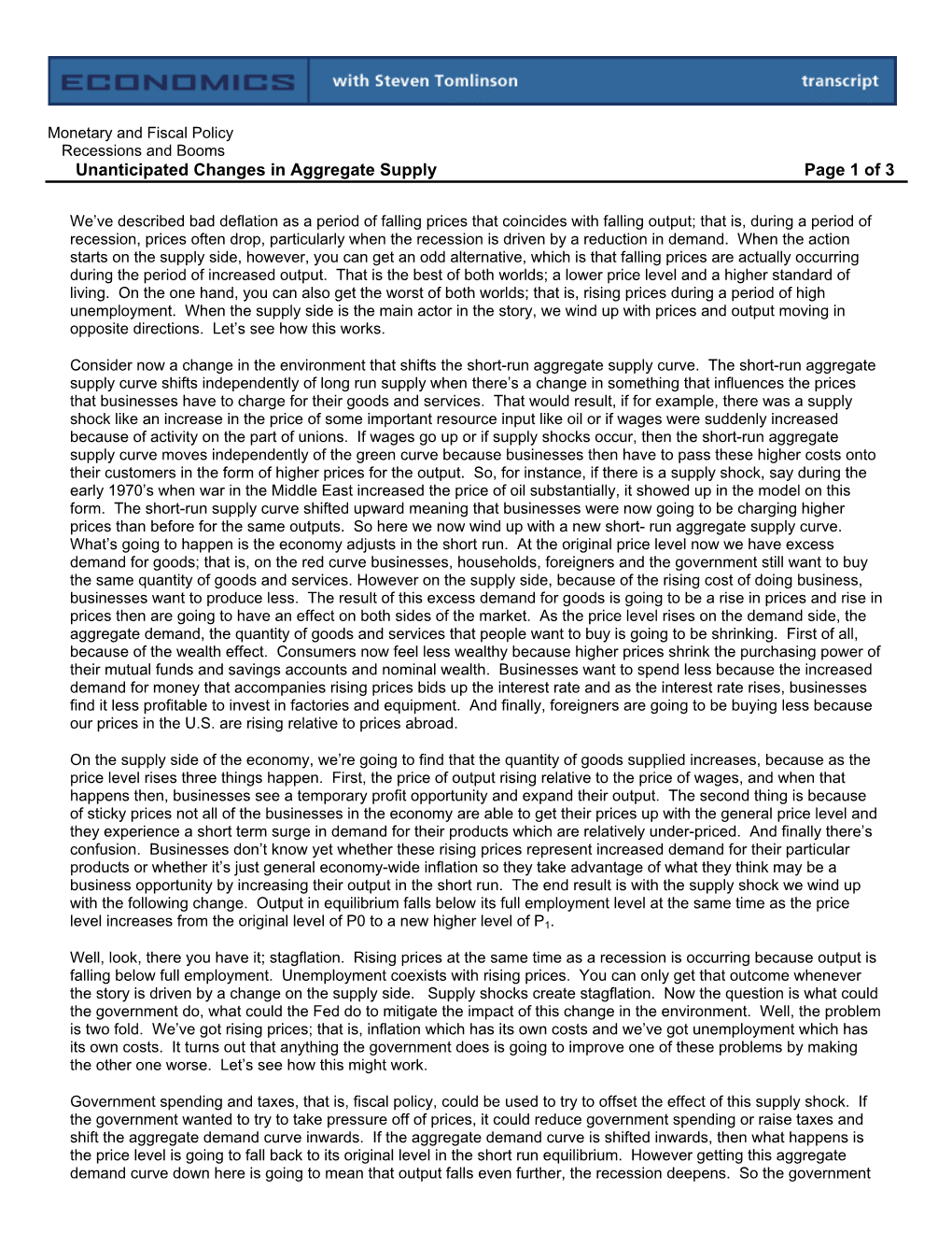 Unanticipated Changes in Aggregate Supply Page 1 of 3