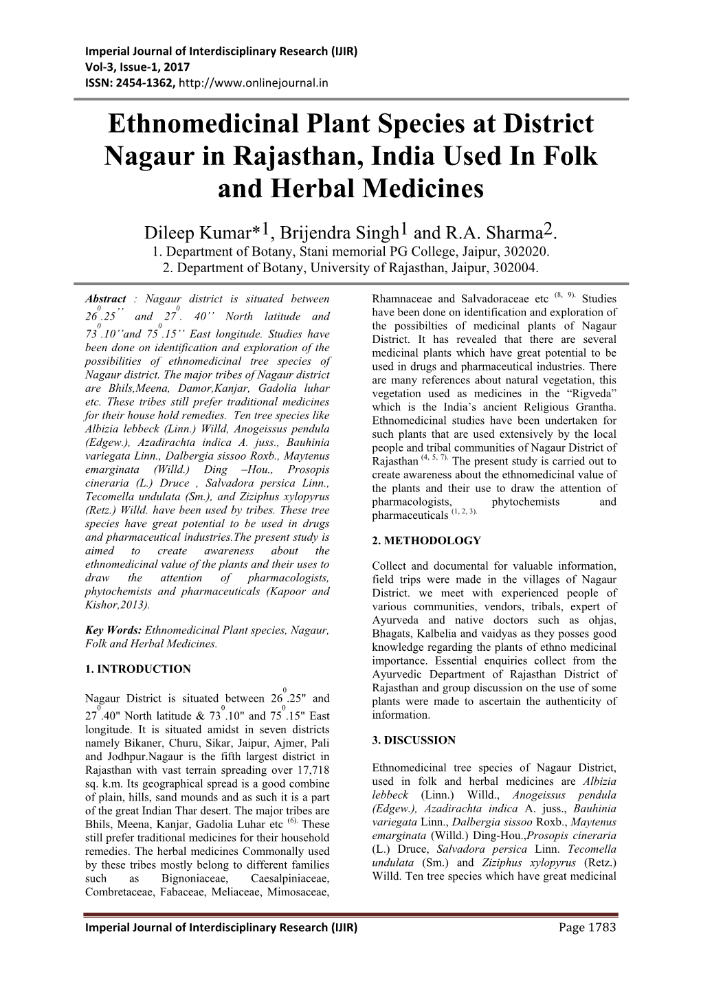 Ethnomedicinal Plant Species at District Nagaur in Rajasthan, India Used in Folk and Herbal Medicines