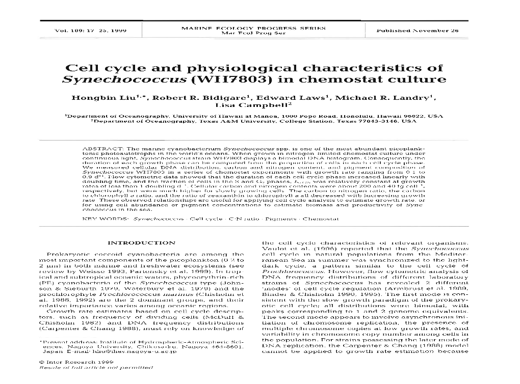 Cell Cycle and Physiological Characteristics of Synechococcus (WH7803) in Chemostat Culture