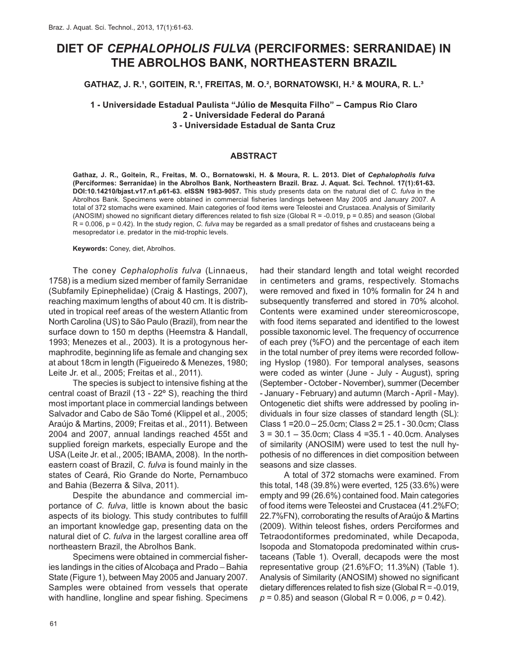 Diet of Cephalopholis Fulva (Perciformes: Serranidae) in the Abrolhos Bank, Northeastern Brazil