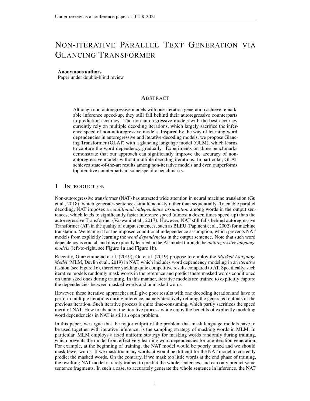 Non-Iterative Parallel Text Generation Via Glancing Transformer