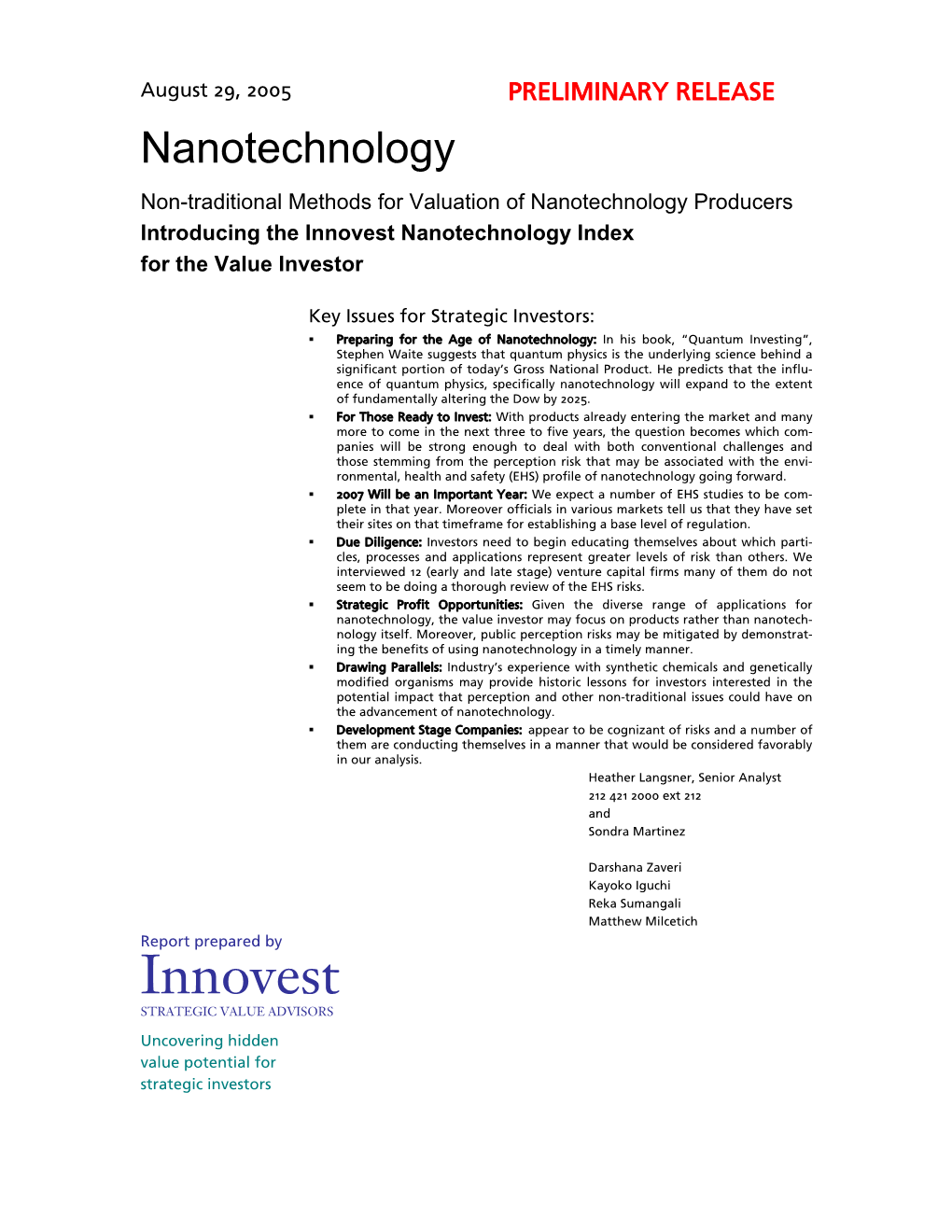 Innovest Nanotechnology Index for the Value Investor