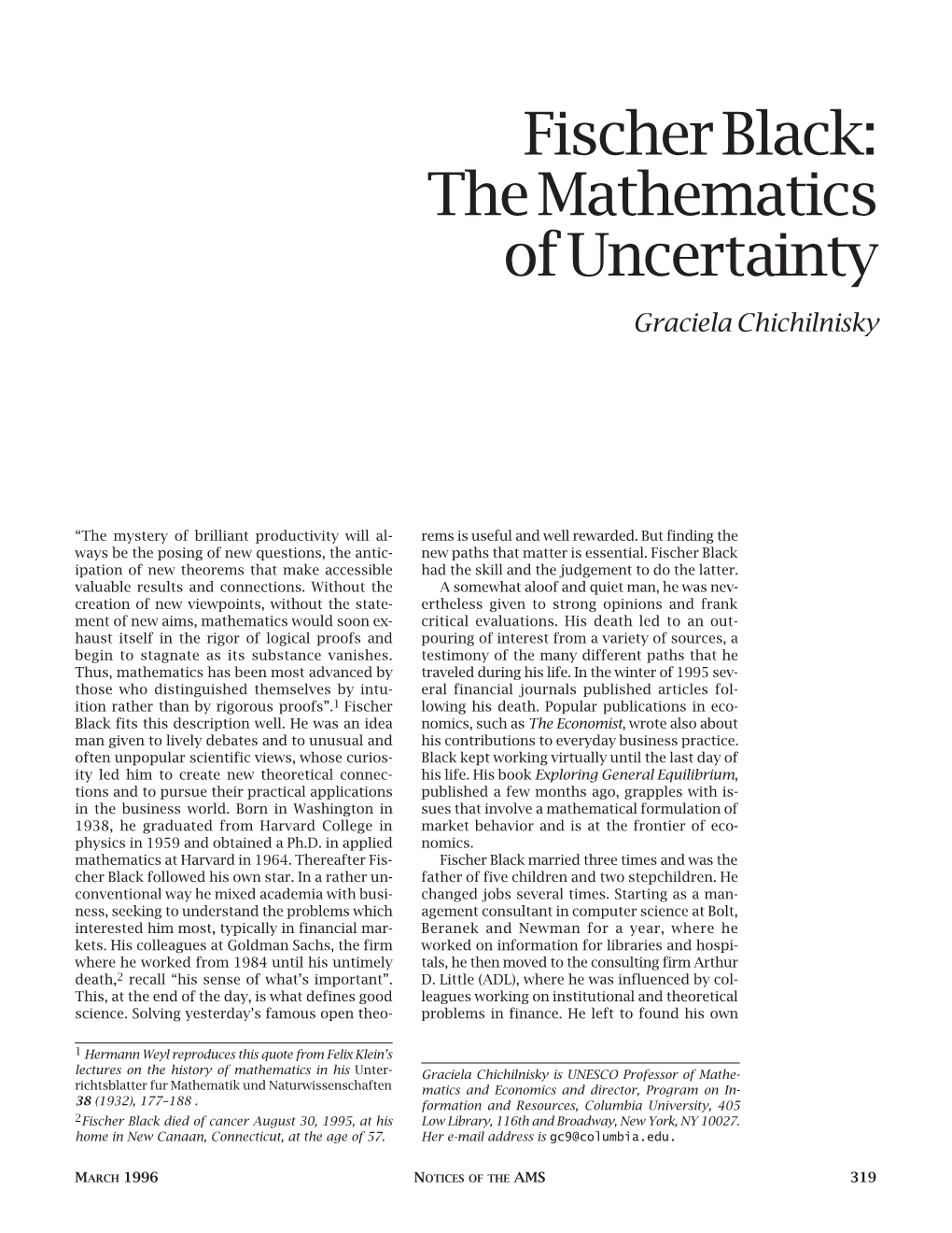 Fischer Black: the Mathematics of Uncertainty Graciela Chichilnisky