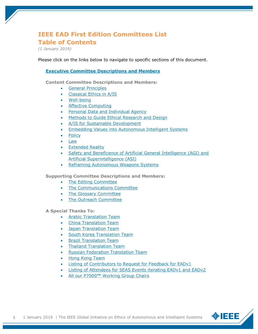 IEEE EAD First Edition Committees List Table of Contents (1 January 2019)