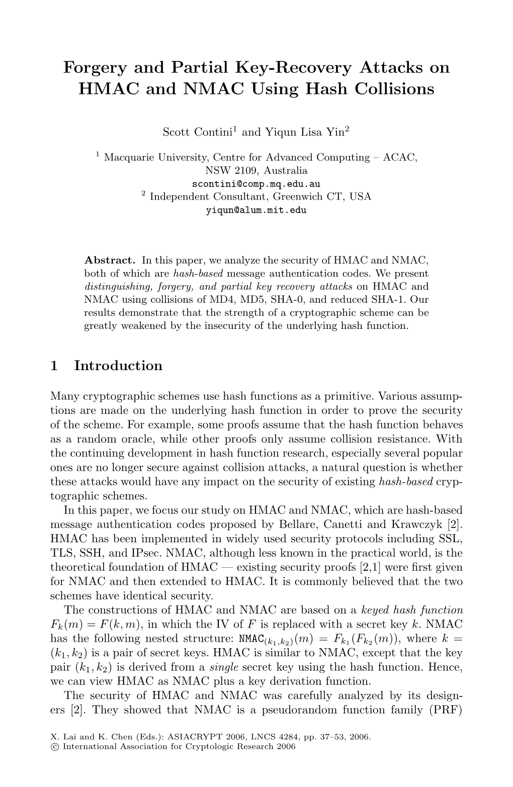 Forgery and Partial Key-Recovery Attacks on HMAC and NMAC Using Hash Collisions