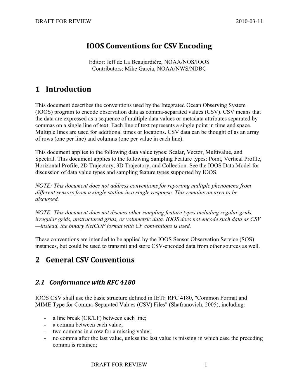 IOOS Conventions for CSV Encoding