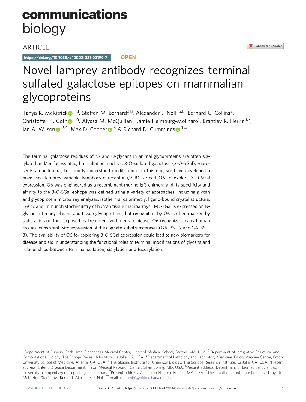 Novel Lamprey Antibody Recognizes Terminal Sulfated Galactose Epitopes on Mammalian Glycoproteins