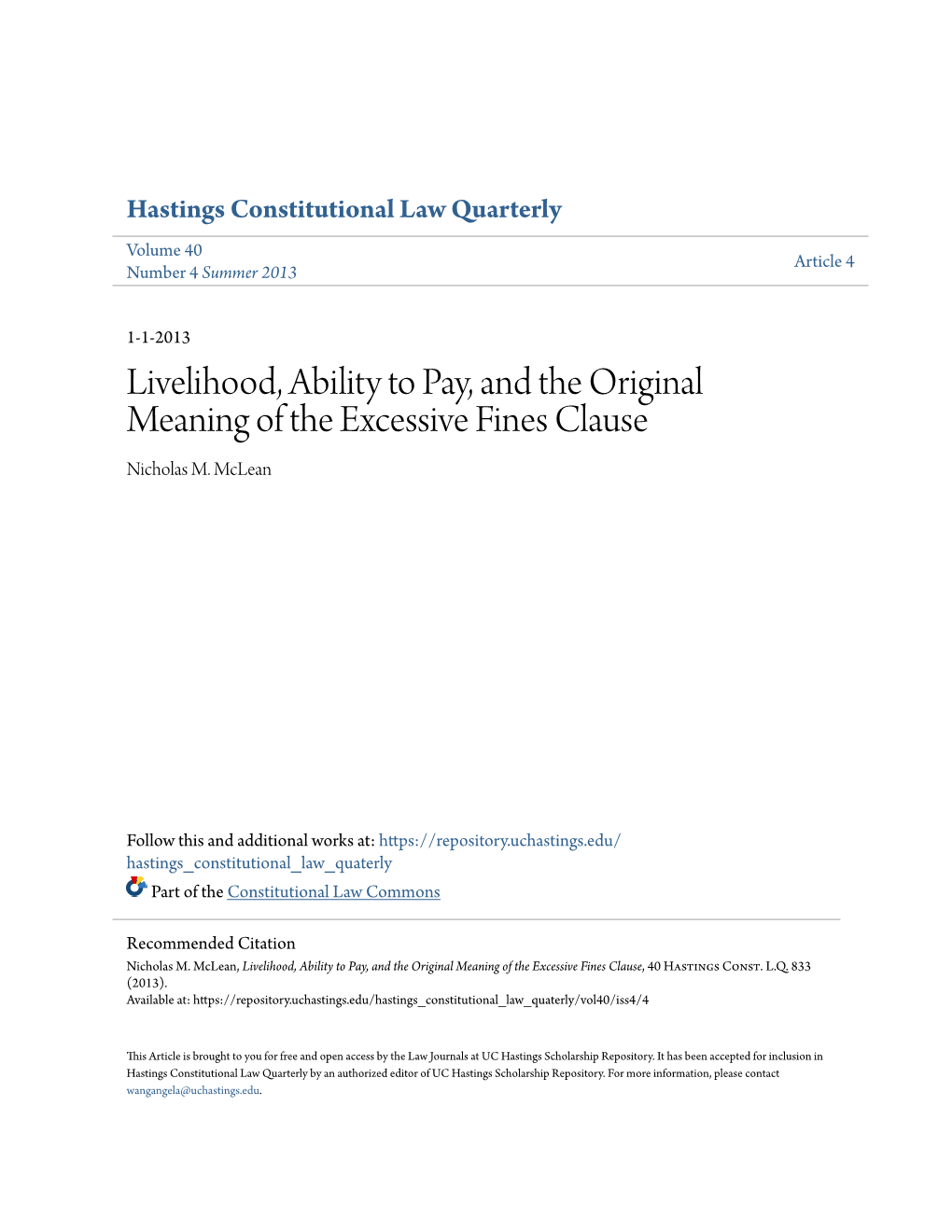 Livelihood, Ability to Pay, and the Original Meaning of the Excessive Fines Clause Nicholas M