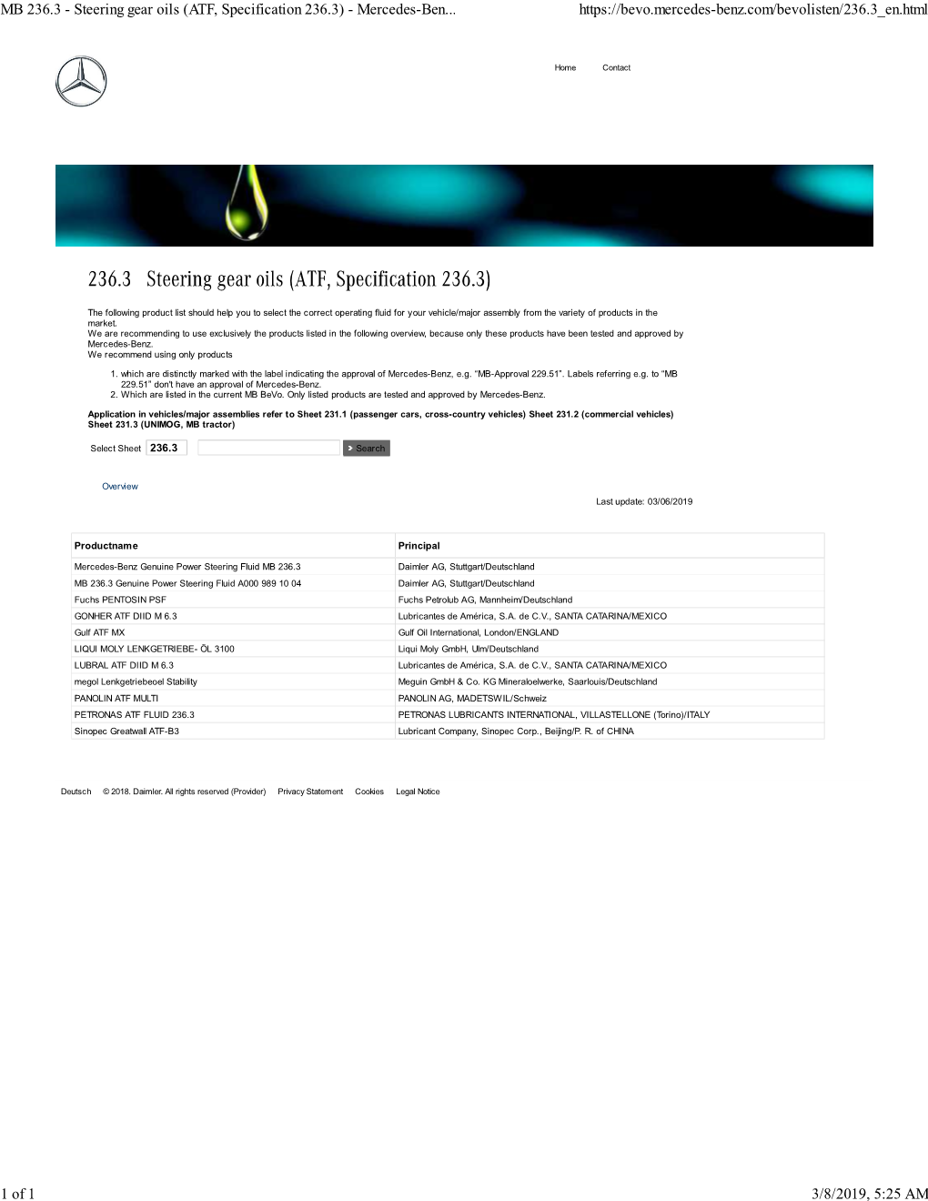 Steering Gear Oils (ATF, Specification 236.3) - Mercedes-Ben