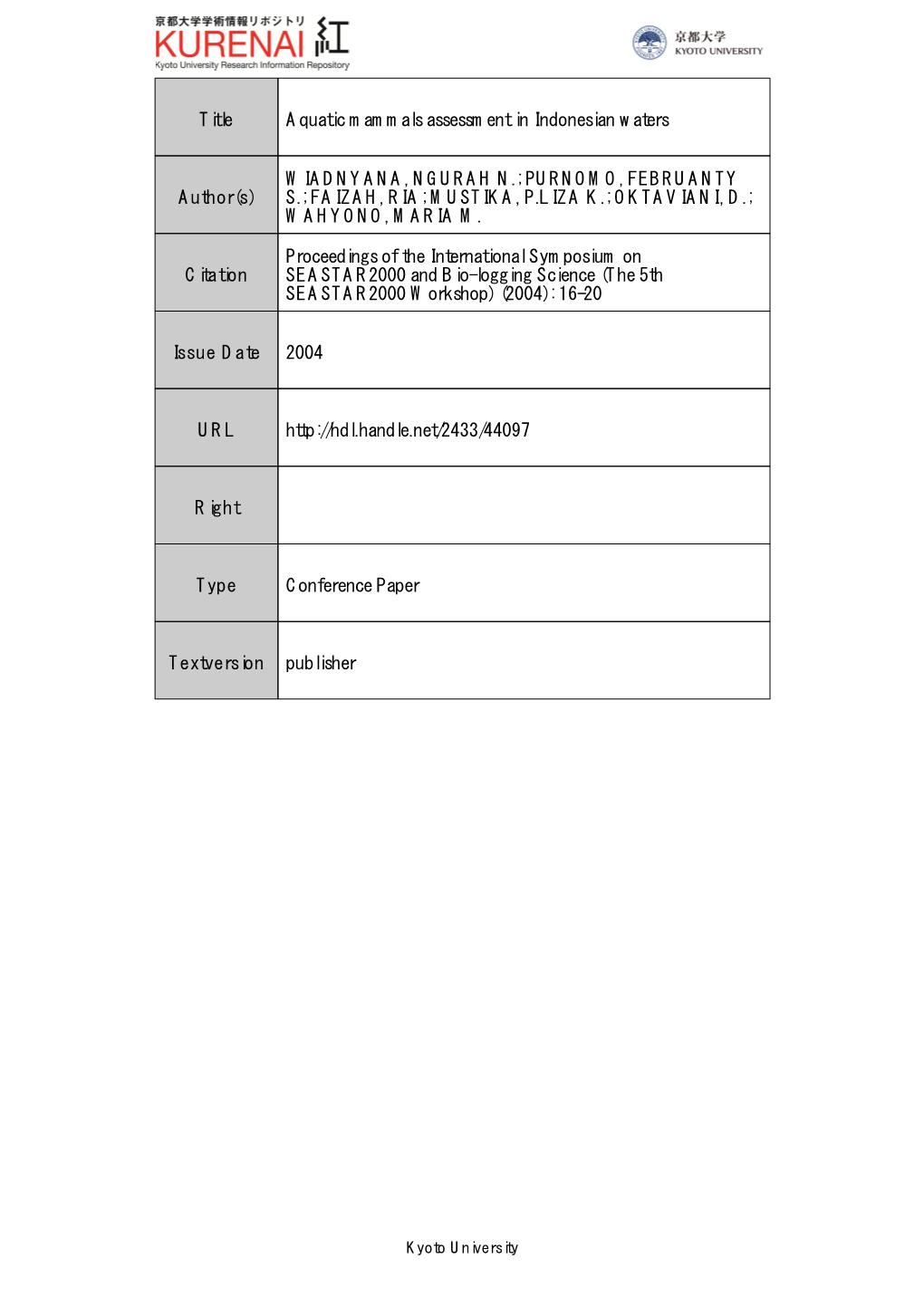 Title Aquatic Mammals Assessment in Indonesian Waters Author(S