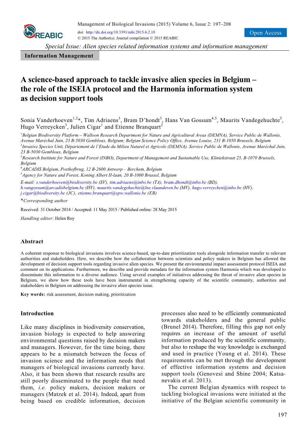 A Science-Based Approach to Tackle Invasive Alien Species in Belgium – the Role of the ISEIA Protocol and the Harmonia Information System As Decision Support Tools