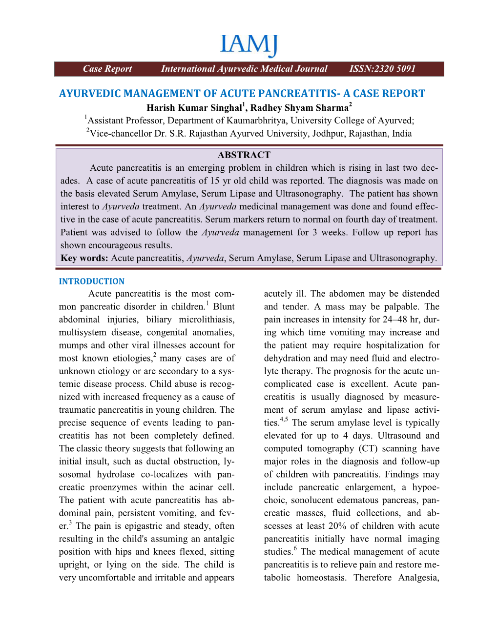 Ayurvedic Management of Acut Anagement of Acute Pancreatitis- a Case Report Itis- a Case Report
