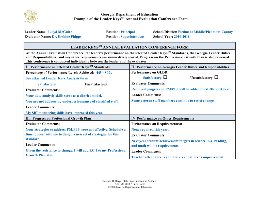 Example of the Leader Keyssm Annual Evaluation Conference Form