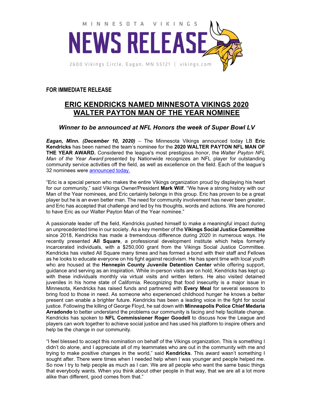 Eric Kendricks Named Minnesota Vikings 2020 Walter Payton Man of the Year Nominee