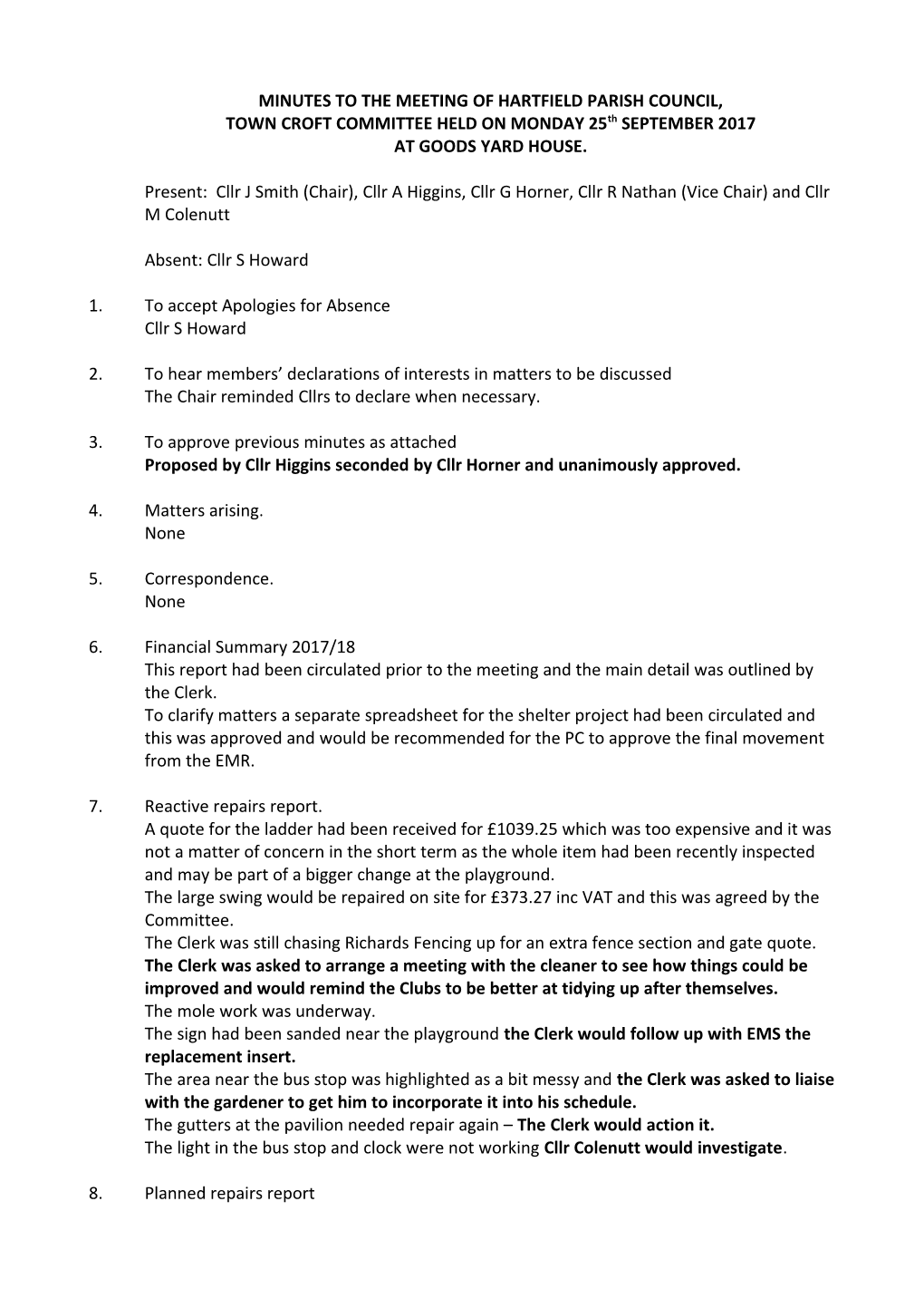 Minutes to the Meeting of Hartfield Parish Council