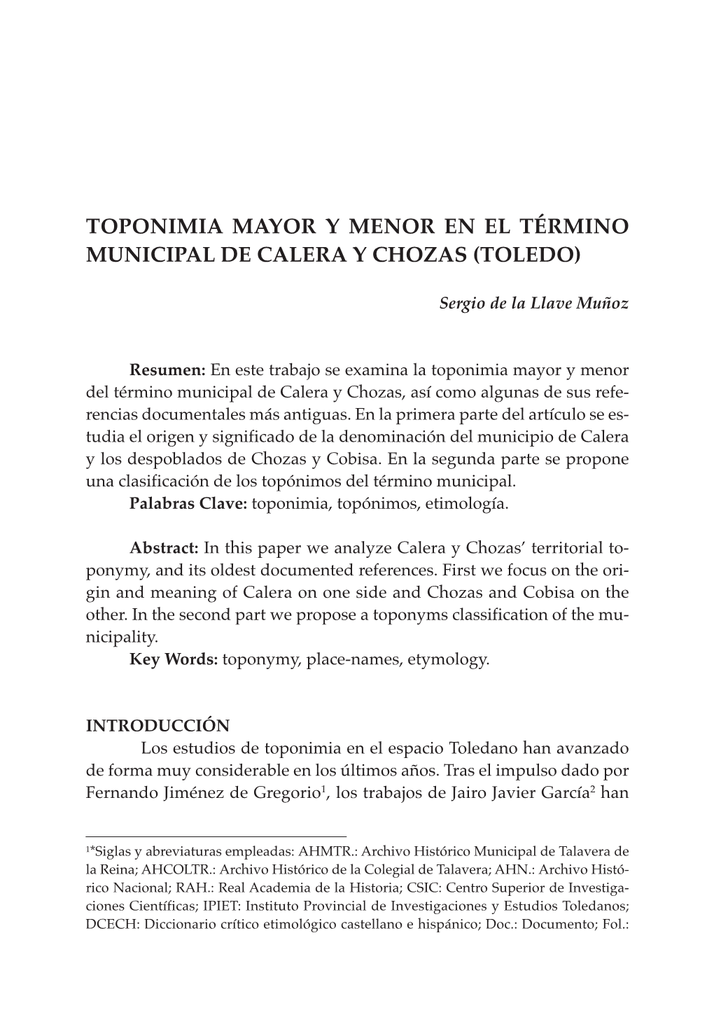 Toponimia Mayor Y Menor En El Término Municipal De Calera Y Chozas (Toledo)