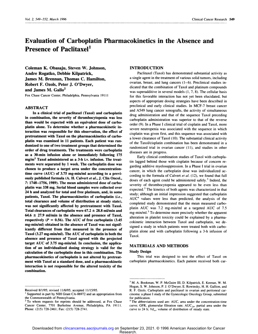 Evaluation of Carboplatin Pharmacokinetics in the Absence and Presence of Paclitaxel’