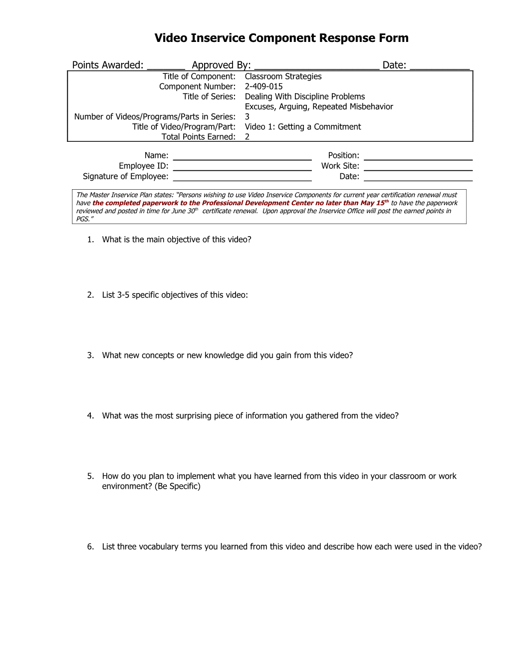 Video Inservice Component Response Form