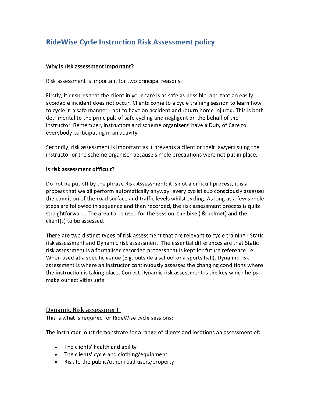 Ridewise Risk Assessment Policy